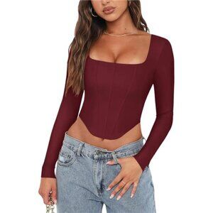 Womens Trendy Sexy Square Neck Long Sleeve Burgundy